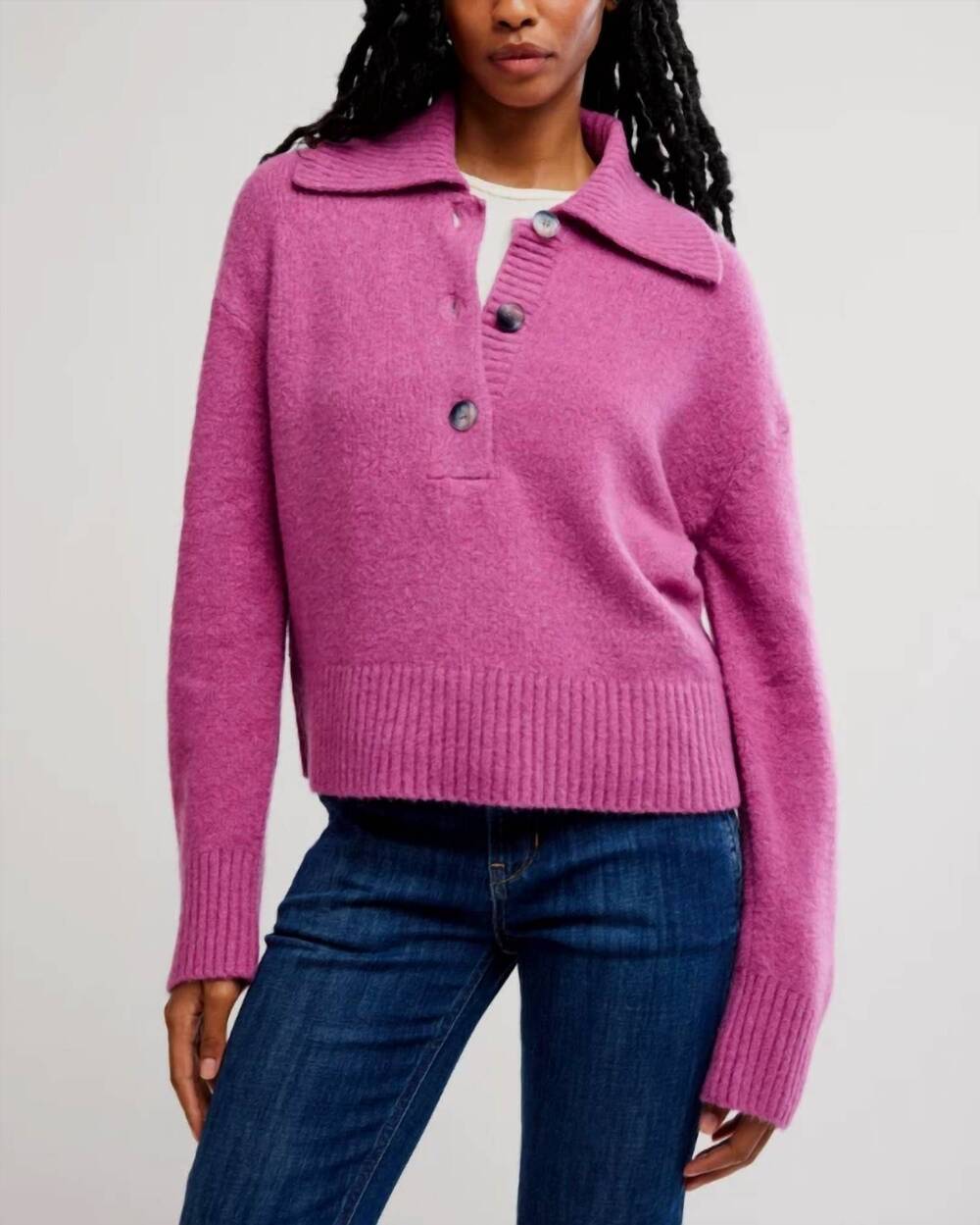 NEW FREE PEOPLE trading up polo sweater in magenta haze melange